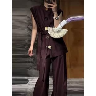 Shenzhen 2025 New Nanyou Women's European Fashion Flower Button Blazer Vest Wide Leg Pants Set Women's Two-Piece Set