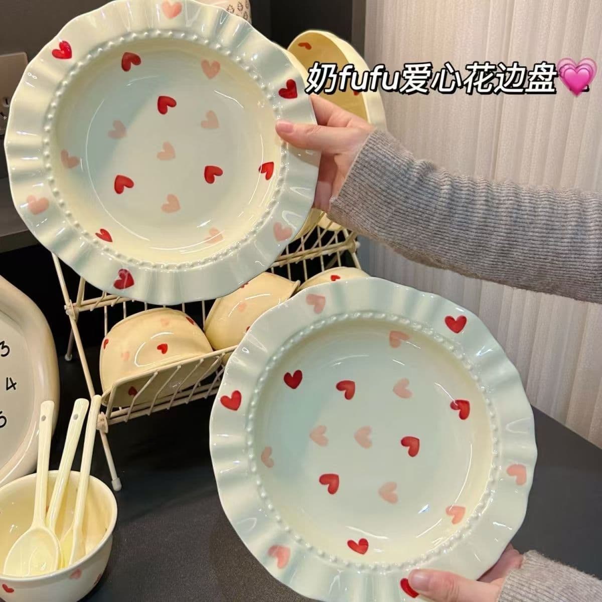 Cream Heart Lace Straw Hat Home Deep Plate Ceramic Pasta High-Aesthetic Salad Plate Dinnerware