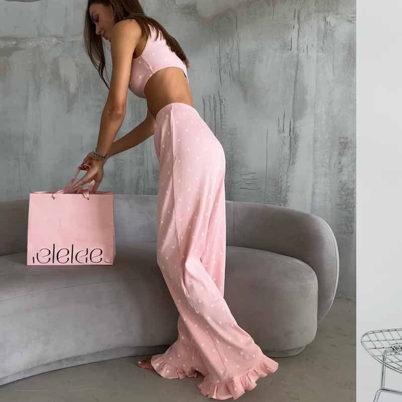 2026 Summer European and American Style New Printed Knit Crop Top with Ruffle Hem Pants Two-Piece Women's Loungewear Set