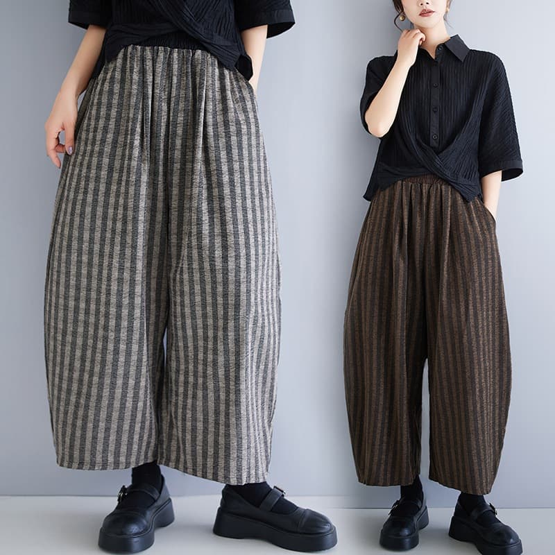 In Stock New Nine-Tenths Retro Chinese Corduroy Stripes Niche Artistic Wide-Leg Pants Bloomer Pants