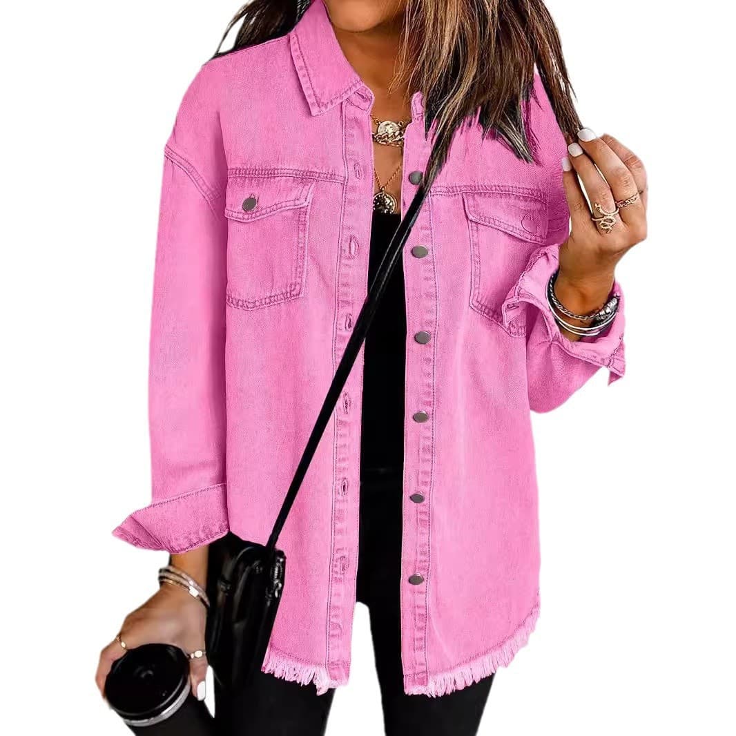 New Cross-Border Washed Denim Shirt Jacket for Women, European and American Fall/Winter Street Style with Frayed Hem Coat