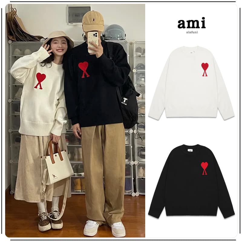 ami Knitted Sweater Round Neck Large Heart Print Unisex Cotton Long Sleeve 2025 New Style Cross-border