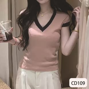 Korean Style Contrast Color V-Neck Short Sleeve Knit Top for Women, New Summer Two-Piece Slim Fit Crop Top