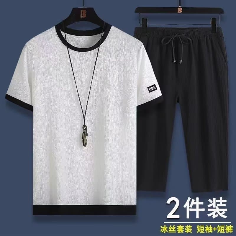 Ice Silk Men's Summer Loose Fit Casual Sport Set New Patchwork 3/4 Shorts with Short Sleeve Top