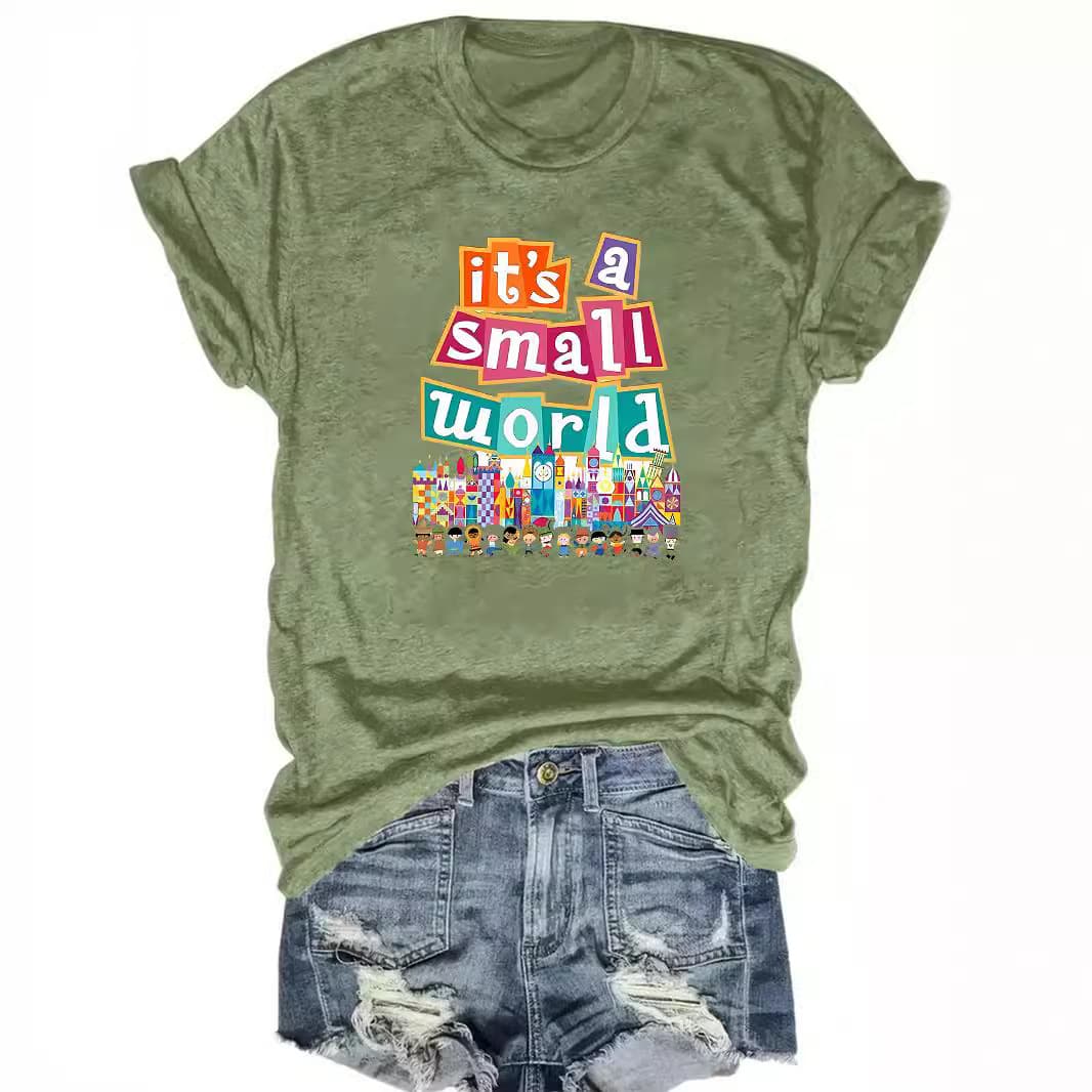 Women's T-shirt, European and American plus size short sleeve top, new style T-shirt with 'it's a small world' print