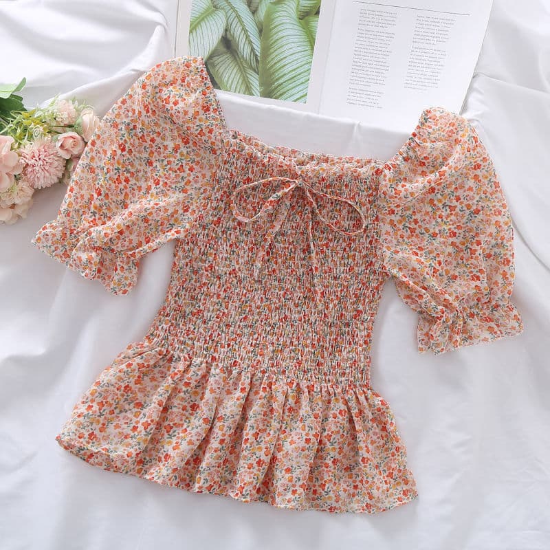 Women's High-End Summer Puff Sleeve Chiffon Top, New Design with Square Neck, Elastic Fitted Blouse