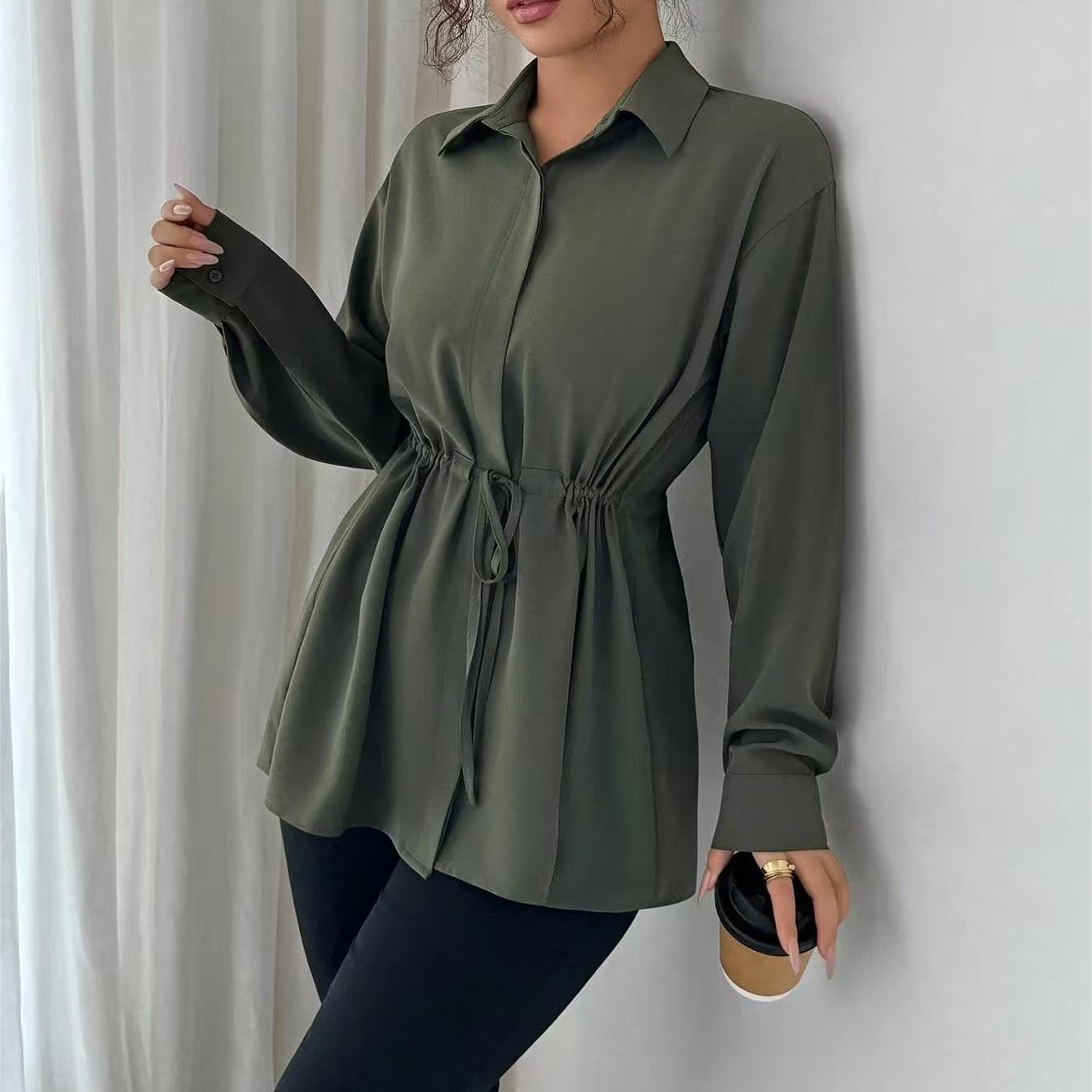 2025 Cross-border Amazon Women's Solid Color New Casual Elegant French Office Long-Sleeve Blouse