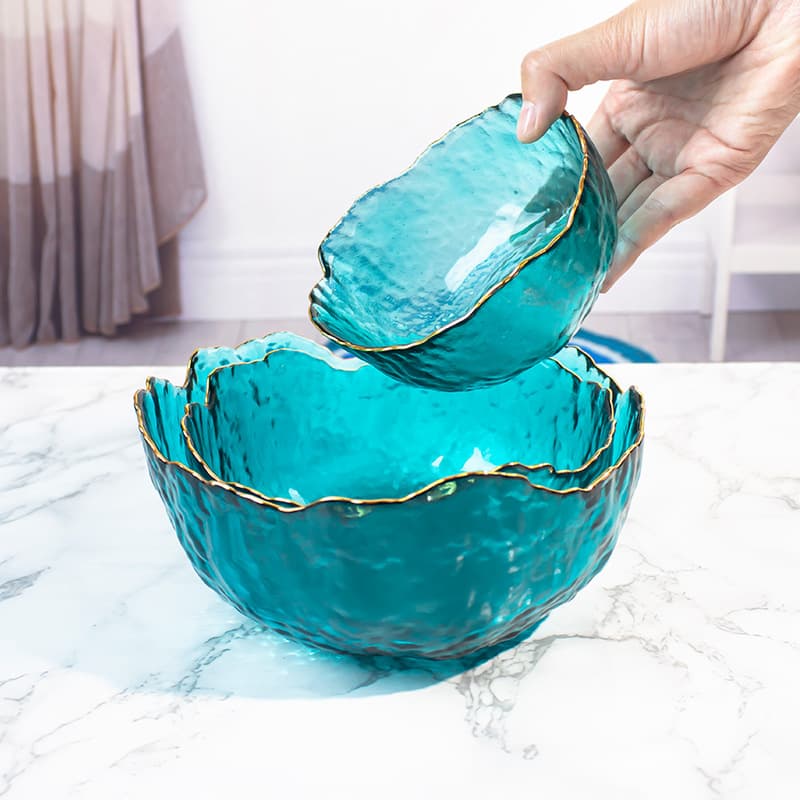 Hammered Pattern Irregular Gold Rim Glass Salad Bowl, Thickened Gold-Painted, Ins Simple Transparent Household Bowl for Fruit