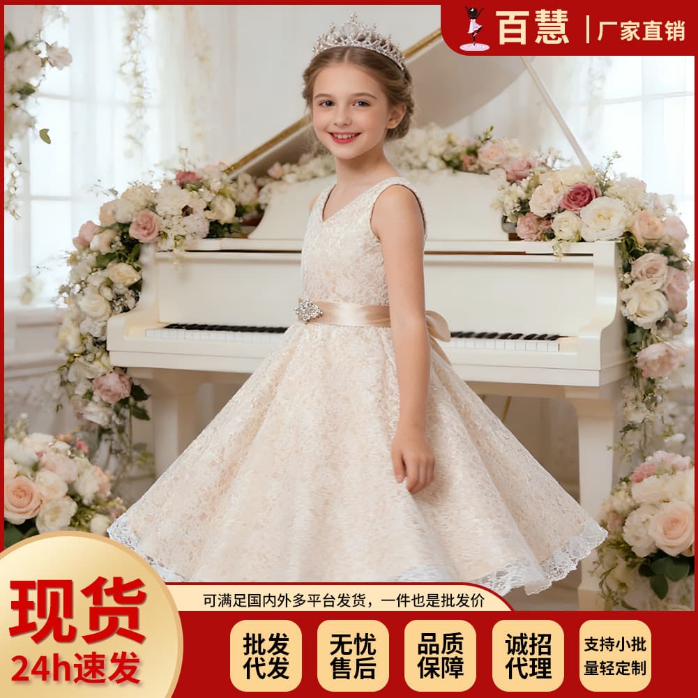 Best-Selling Sleeveless Lace Princess Tulle Dress for Girls, Flower Girl Wedding Party Dress, Hot Sale in Europe and America
