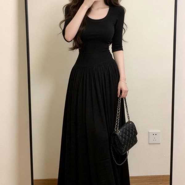 Black Dress for Women Summer Flowy Slimming Elegant High-Waist Long Skirt Versatile A-Line Skirt Full Skirt New Style