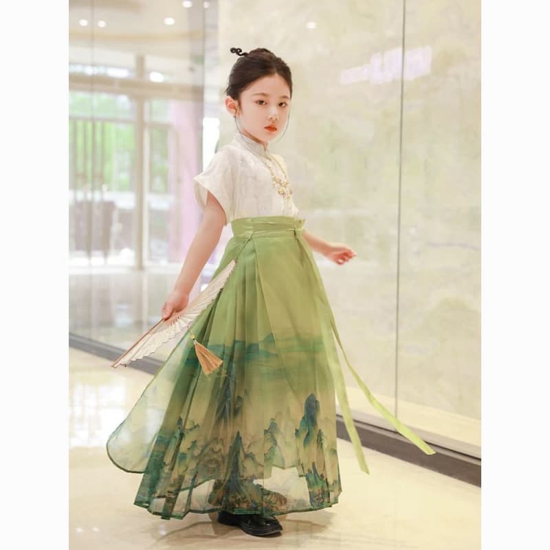 Horse Face Skirt Girls Summer Thin Short Sleeve Set Chinese Style Thousand Miles of Rivers and Mountains Children Hanfu