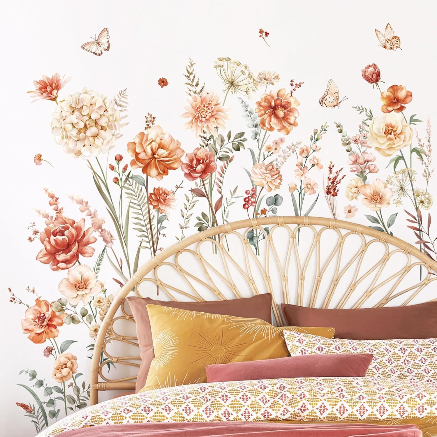 Boho Floral Wall Stickers Wildflower Garden Flowers Grass Girl Bedroom Living Room Kitchen Wall Decals PVC Stickers