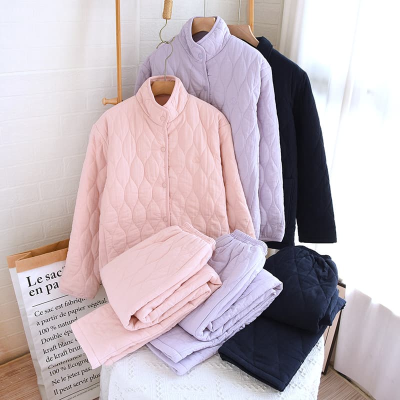 New Autumn/Winter Thickened Cotton Couple Pajamas Women's Quilted Cotton Jacket Winter Warm Simple Homewear Set Wholesale