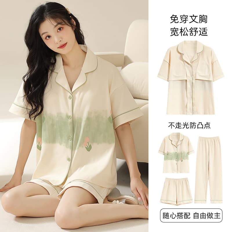 Women's Summer Pajama Set with Built-in Bra, Cute Short Sleeve, Sweet Plus Size, Wearable as Loungewear, 3-Piece Set