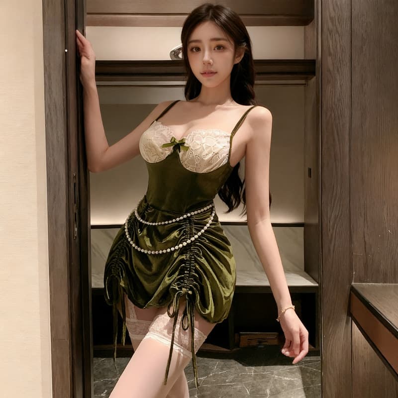 Lingerie Christmas Vintage French Slip Dress Pure Desire Deep V Velvet Nightgown Lace Sexy Bare Hip Flirting Costume