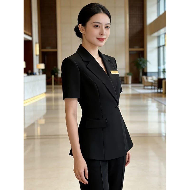 Women's Hotel Work Uniform, Professional Style, Black Suit, Summer Front Desk Reception, Waist-Cinching, Short-Sleeved, Thin Suit Set