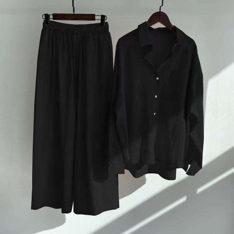 European and American Spring New Trendy Women's Two-Piece Set Plus Size Cotton Linen Shirt Set High-Waist Loose Long Pants