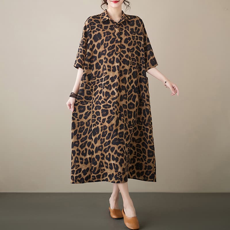 Plus Size Loose Fit Women's Dress Lapelle Leopard Print Slip Skirt Medium Length Slimming Summer Dress For Plump Girls