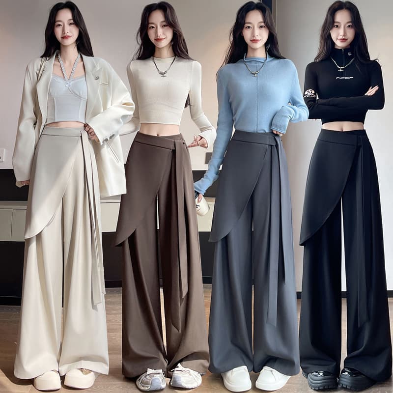 Irregular Strap Trousers for Women Fall High-Waist Draped Slimming Casual Straight Wide-Leg Pants