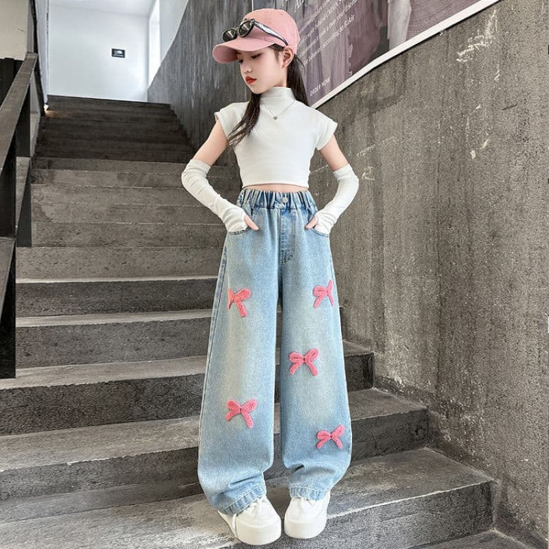 Girls' Autumn Jeans 2026 New Korean Style Medium and Large Children Fashionable Towel Embroidery Wide-Leg Pants Floor-Length Pants Trendy