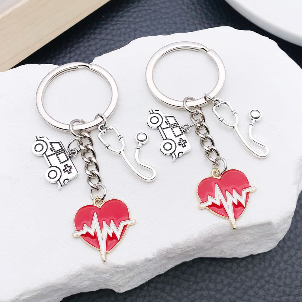 Creative Vintage Silver Medical Series Stethoscope Ambulance Red Heart Wave Zinc Alloy Keychain Decorative Pendant