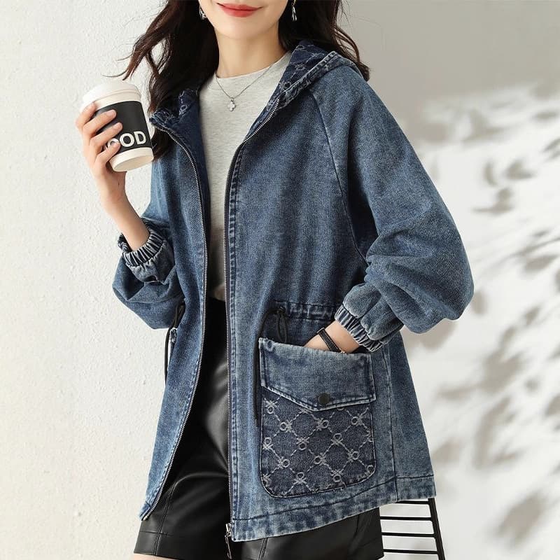 Waist-cinching Denim Short Jacket for Women, Spring/Autumn Fashion Korean Loose Fit Plus Size Hooded Denim Jacket Casual Coat