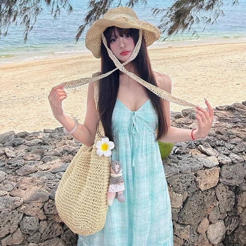 Beach Vacation Blue Halter Strap Dress Women Summer 2026 New Trendy Slim Backless Long Dress