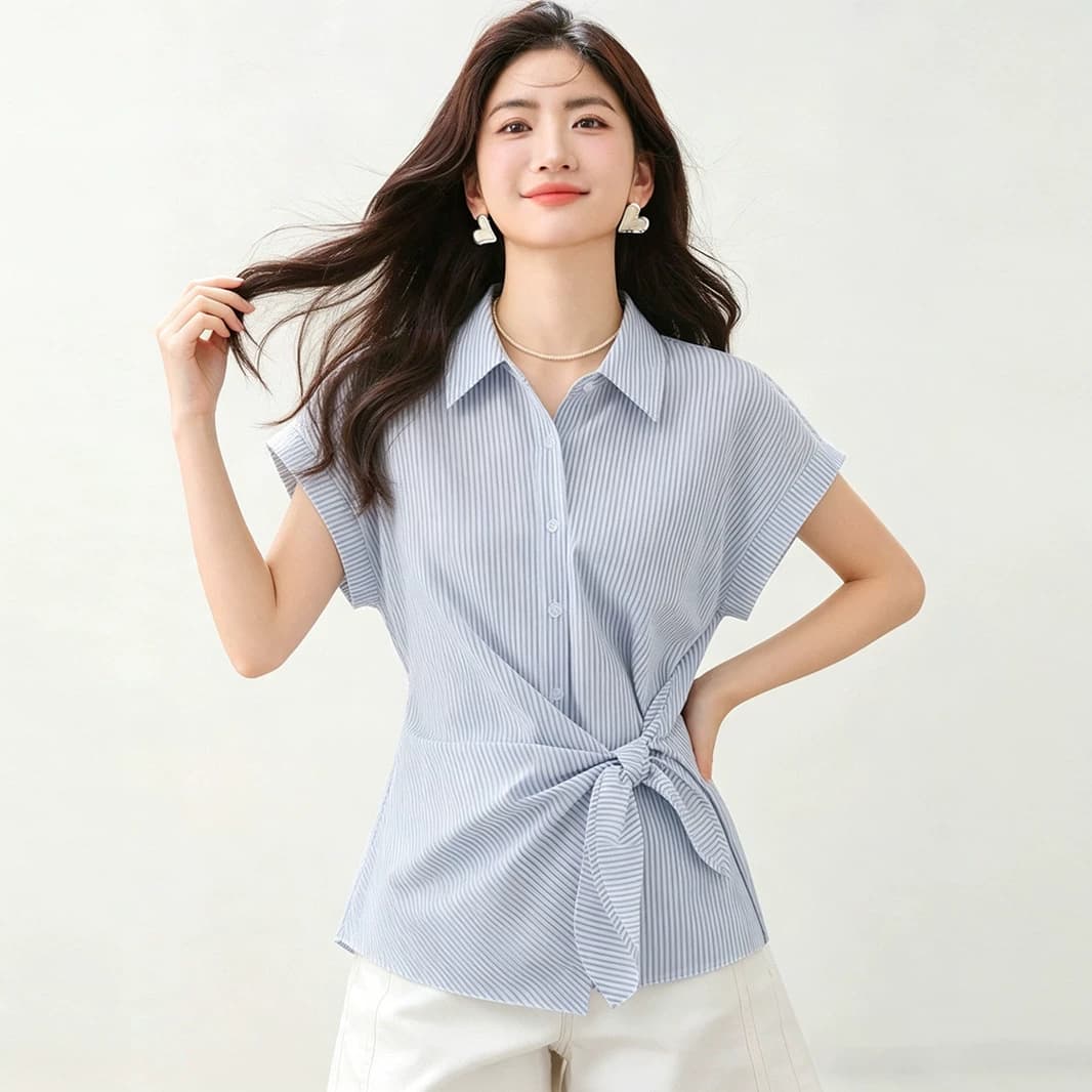 French design blue striped short-sleeved shirt for women summer Korean style casual waist slimming shirt top