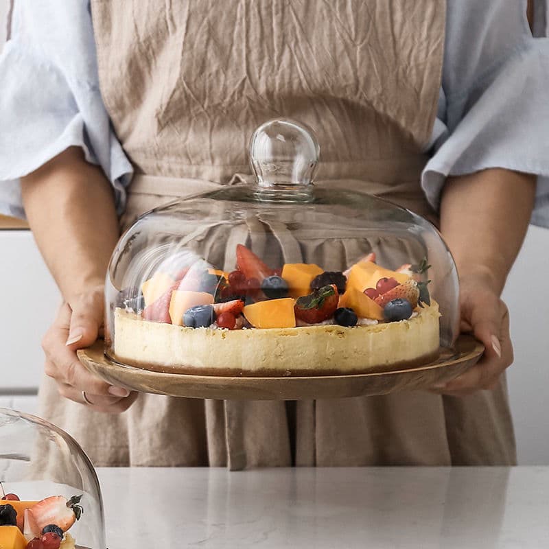 Wooden Cake Plate with Glass Dome, Dessert Pastry Fruit Cake Display Tray with Lid for Sampling
