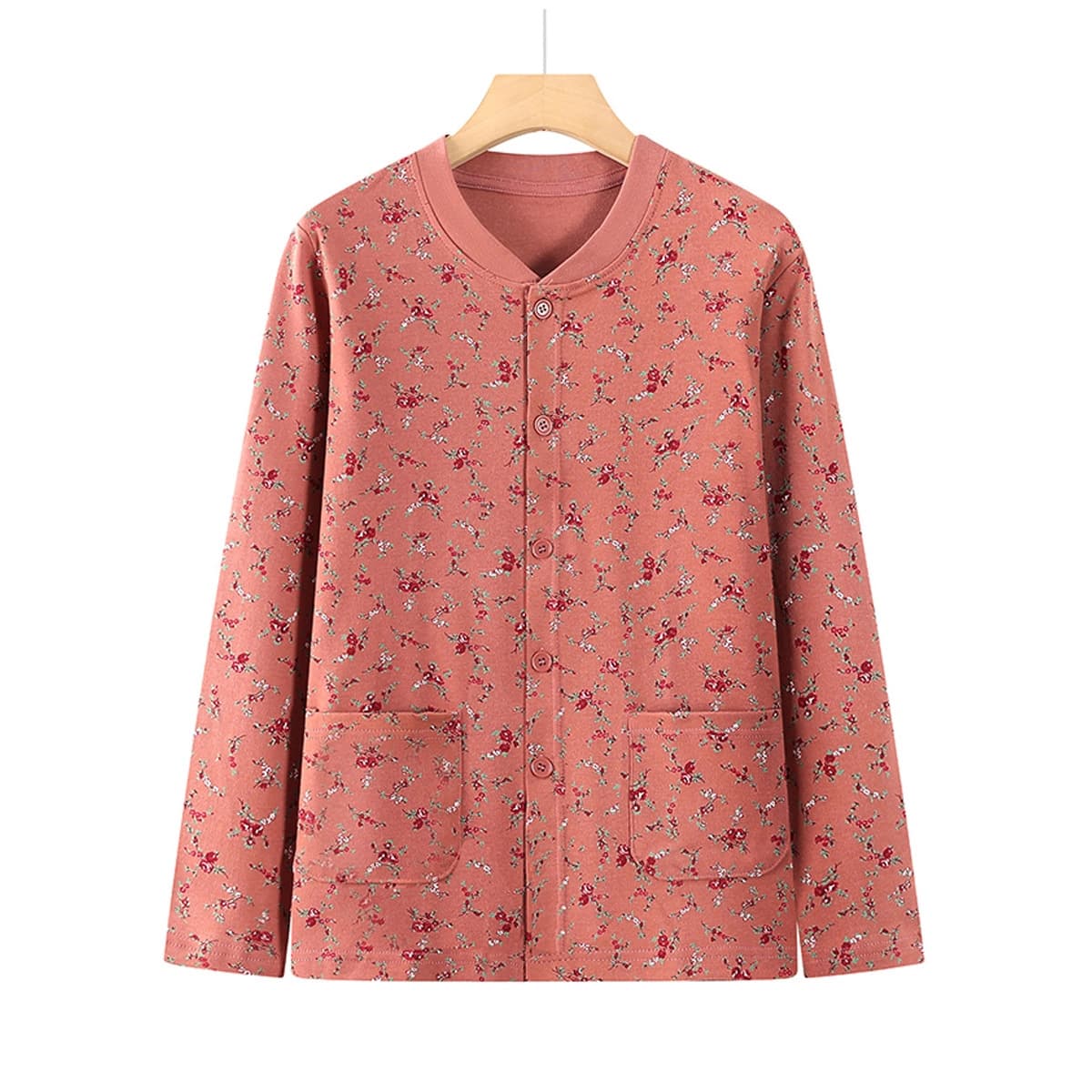 Elderly Women's Cotton Cardigan Top, Front Button Closure, Homewear Pajama Top, Cotton Knit