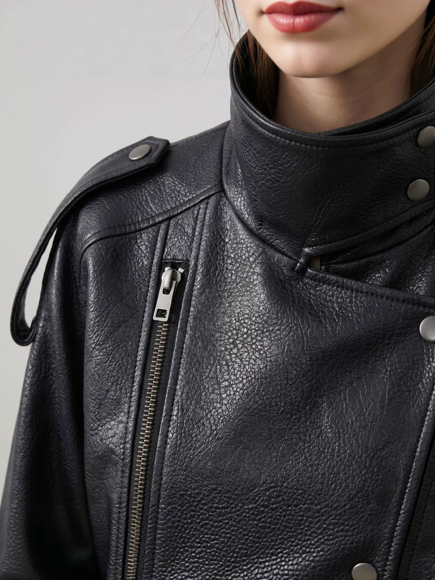 2026 European and American Trending Export Cross-Border Stand Collar Motorcycle Leather Jacket Women's Short Oversized PU Leather Jacket Customizable for Sample Making