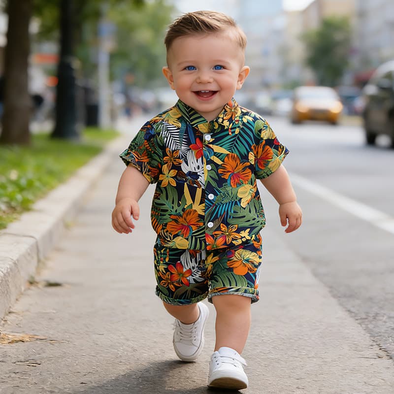 Young Boys Clothes 2-6Y Summer Short Sleeve Tropical Plant Shirt + Shorts In Stock