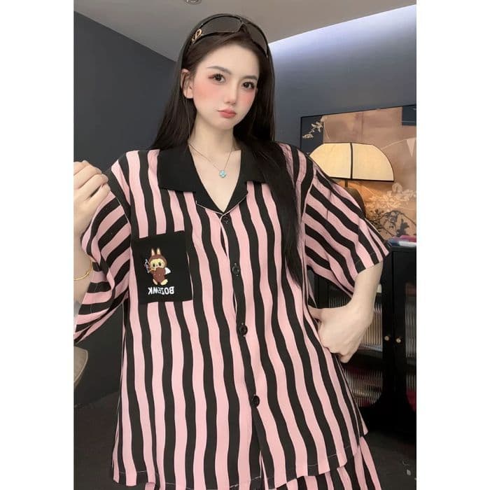 Cross-Border Wholesale Color Lapel Internet Celebrity Cloud Cotton Sweet and Cute Cartoon Pajamas for Women Summer Short-Sleeved Shorts Home Clothes