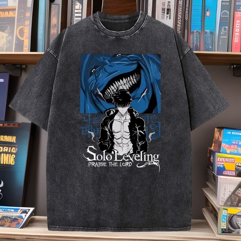 New Cross-Border Anime Solo Leveling Washed T-Shirt Cotton Vintage Unisex EU Size Plus Size Short Sleeve