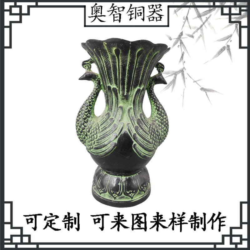 Bronze Ancient Ornament Double Phoenix Zun Wine Vessel, Auspicious Bird Zun Antique Home Decoration Craft Vase