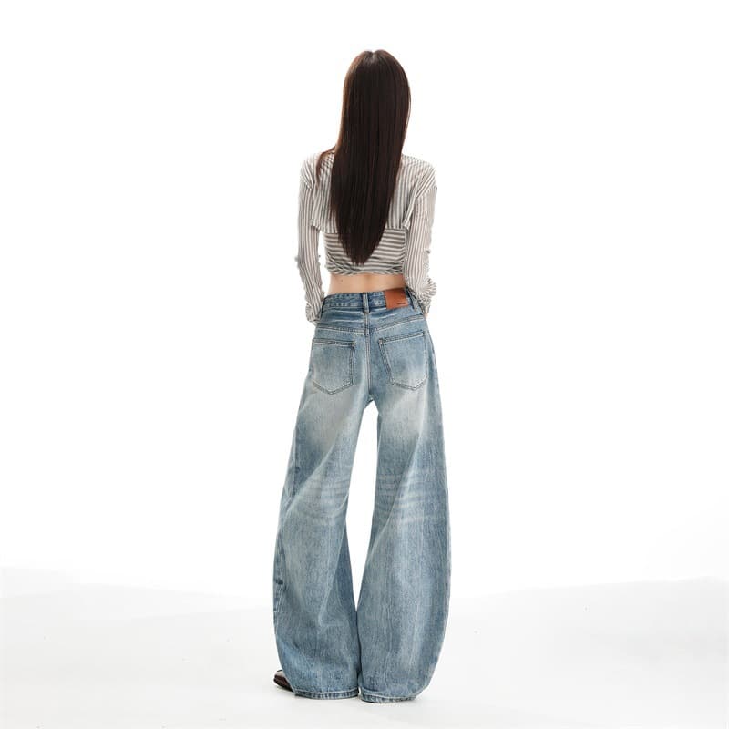 American Retro Blue Wide Leg Jeans Women's Summer 2026 Heavy Washed Medium Low Waist Loose Scimitar Floor-Mopping Pants