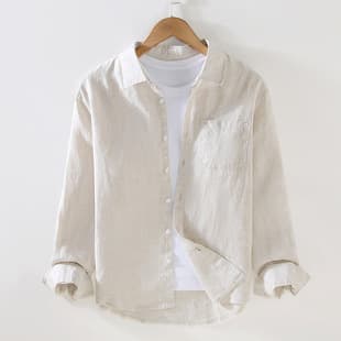 9701 Pure Linen Shirt for Men Long Sleeve Thin Breathable Spring Summer Korean Style New Trendy Casual Cotton Linen White