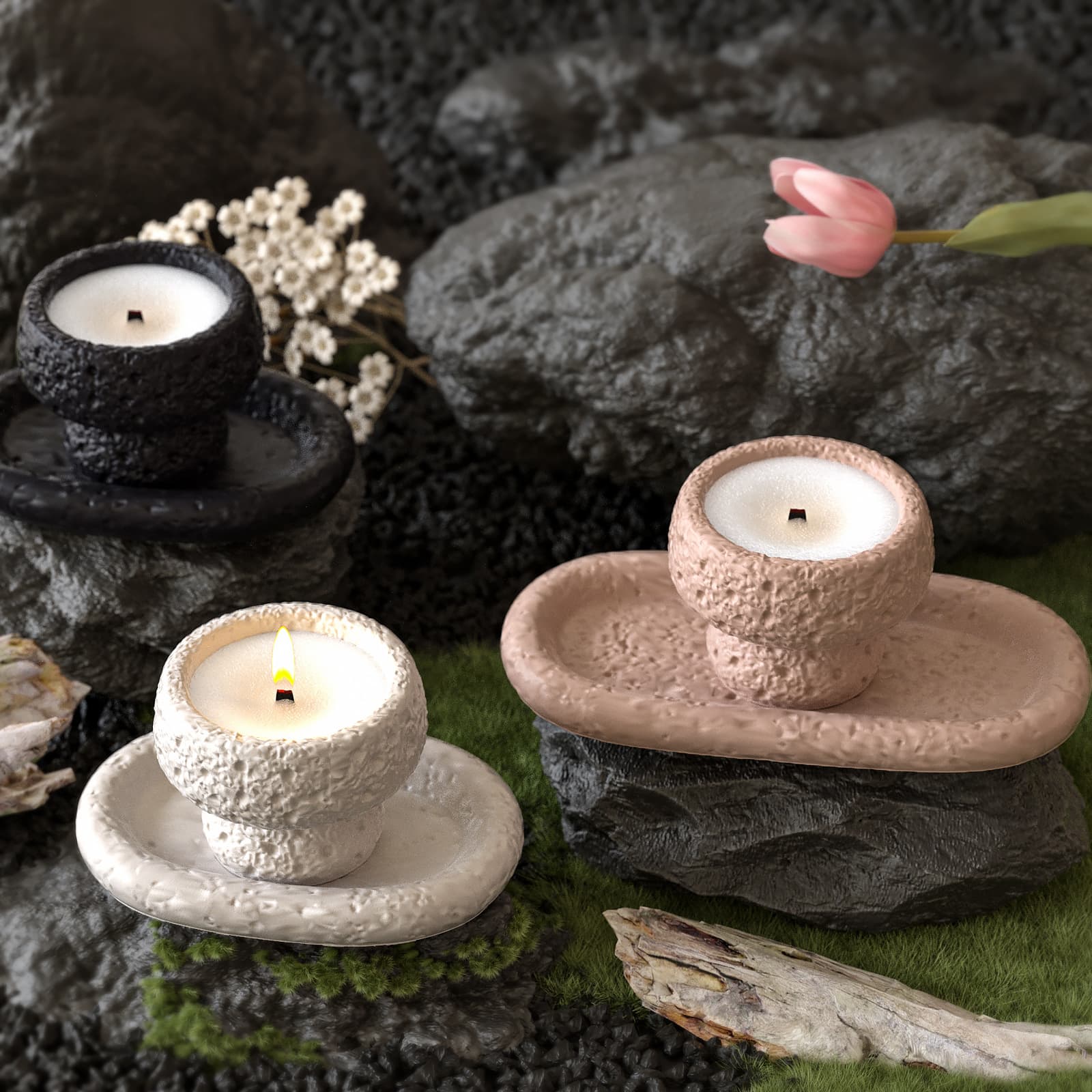 DIY cement gypsum rock oval tray aromatherapy stone pattern round candle cup storage jar drip silicone mold