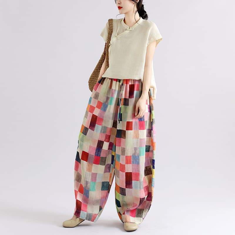 2026 new retro casual versatile high-definition rain dew linen printed curved scimitar pants cotton and linen pants thickened
