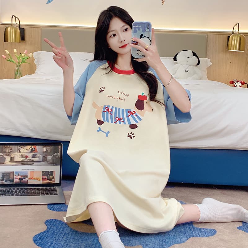 Summer New Women's Pajamas, Cute Short-Sleeve Nightdress, Cartoon Plus-Size Summer Thin Long Dress, Loungewear Suitable for Outdoor Wear