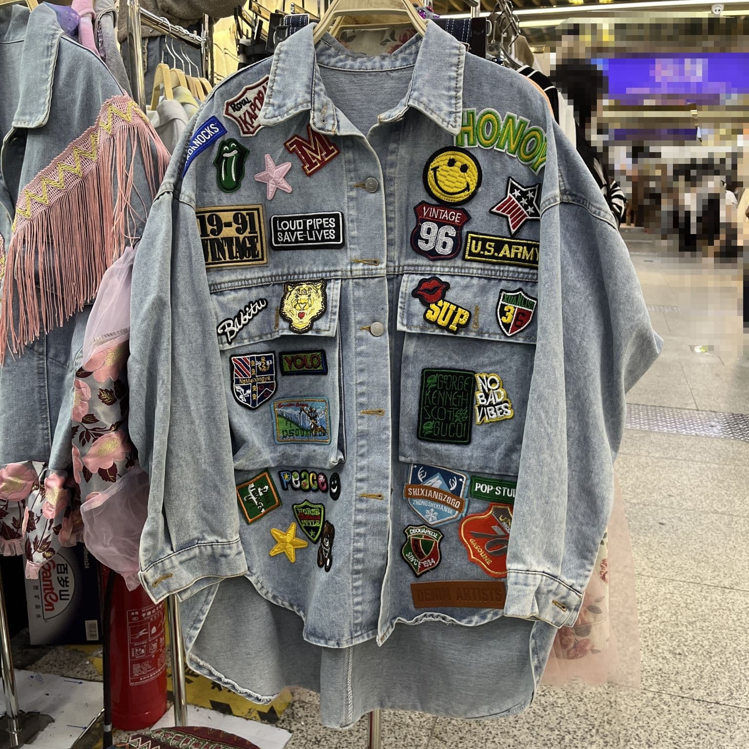 American Retro Personality Letter Patch Loose Denim Jacket Women's Fashionable Mid-Length Age-Reducing Denim Shirt