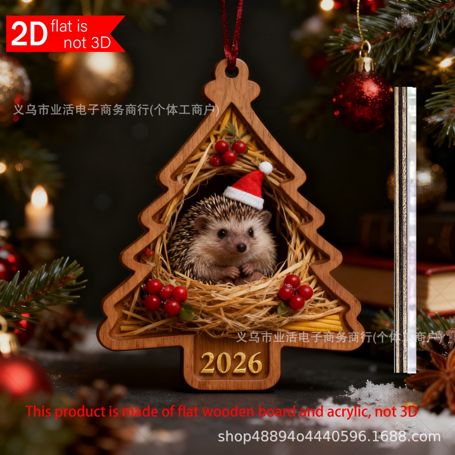 2026 Christmas Hedgehog Acrylic + Wood Double-Layer Ornaments, Cross-Border Hot Seller Christmas Decorations