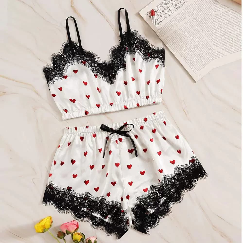 2024 Summer Pajama Set Heart Camisole Lace Ice Silk Two-Piece Loungewear Wholesale Wearable Outside