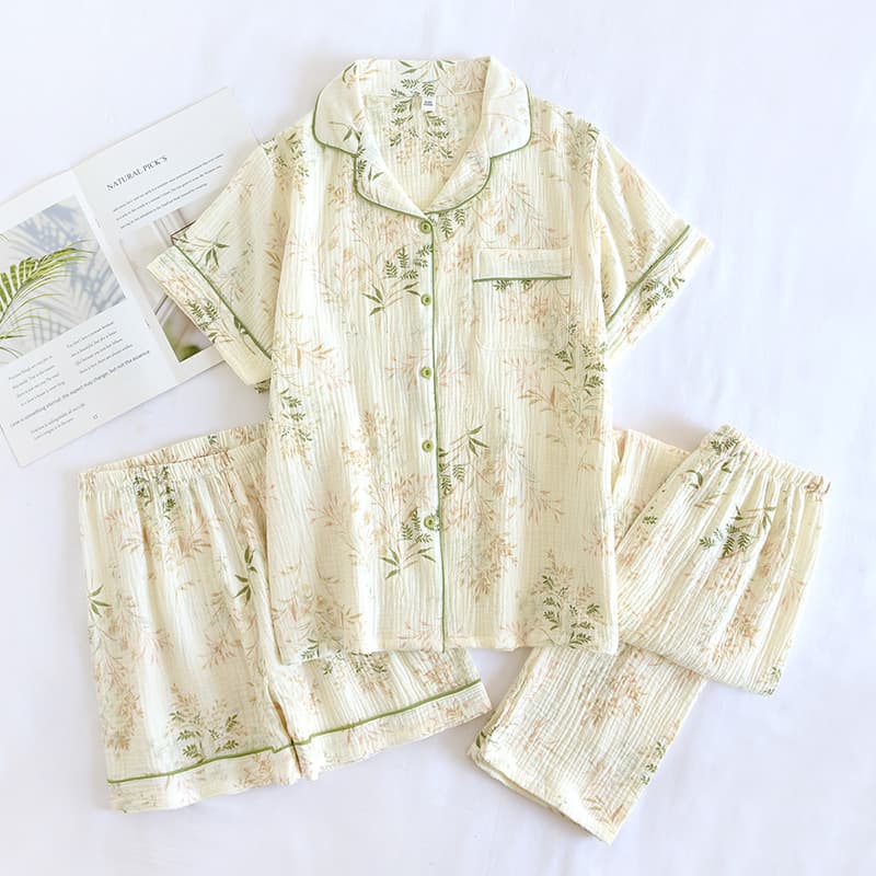 Spring/Summer Thin Cotton Gauze Pajama Set Women's Short Sleeve Long Pants Crepe Cotton Loungewear Set