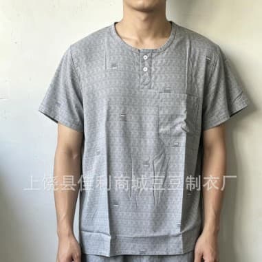Middle-aged and elderly men's spring short-sleeved trousers cotton silk pajamas set men's open button 40 yarn cotton silk home clothes
