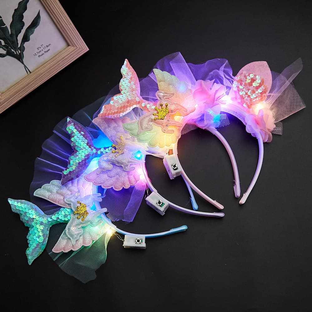 Children's Mesh Mermaid Tail Headbands with Sparkly Scales and Shell Hair Clips for Girls