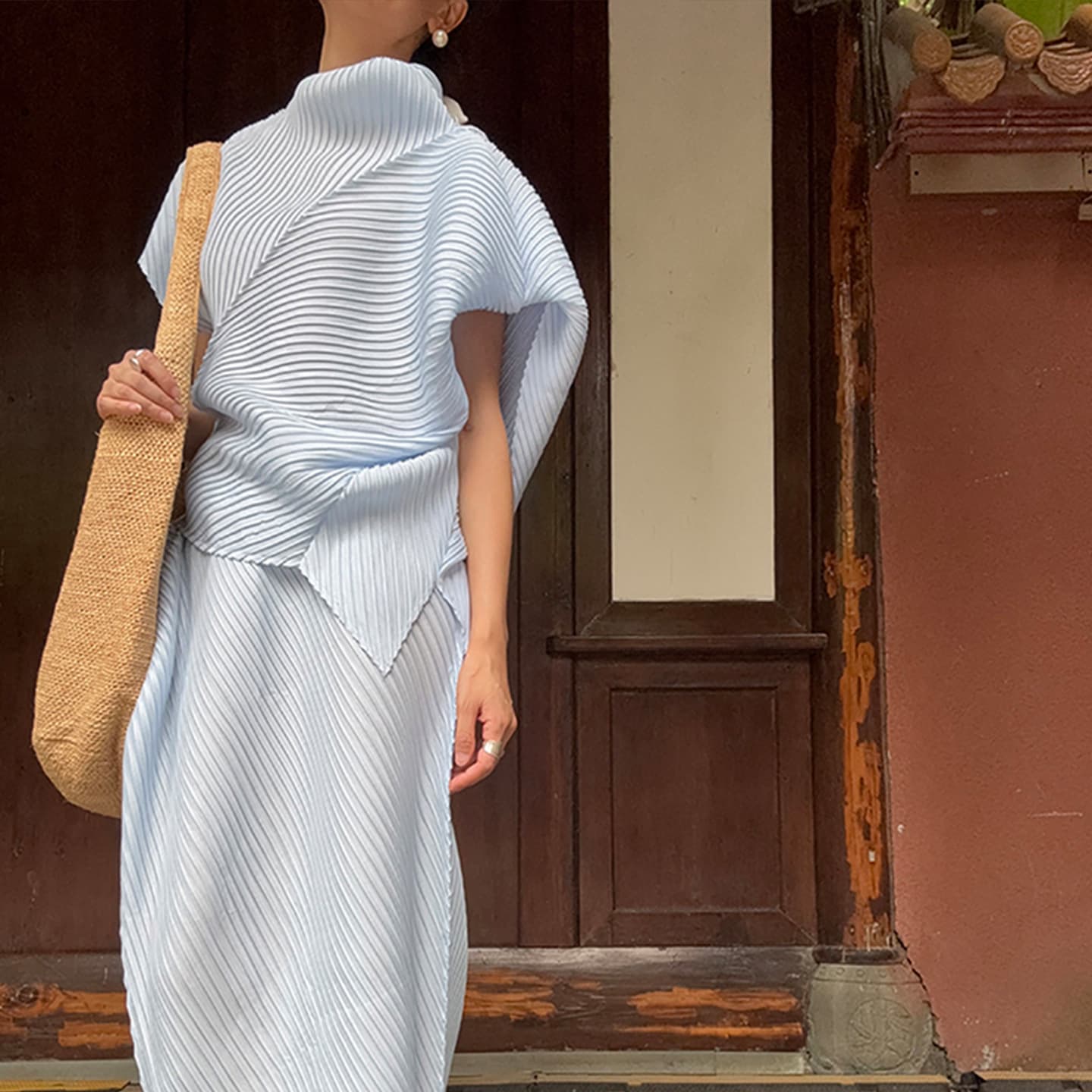 Miyake Pleats Minimalist Style Women's Summer Set: Irregular Cut Pleated Top and Skirt Two-Piece Set