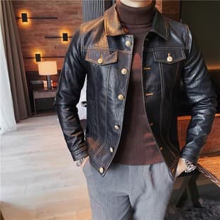 Cross-border Leather Jacket for Men, Autumn/Winter, Stylish Motorcycle Coat, Slim Fit Button-down PU Leather Jacket