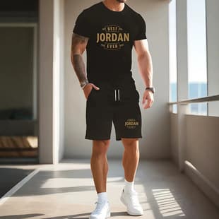 Men's Summer Casual Sportswear Set - Black Gold Letter Print Round Neck Short Sleeve and Shorts Two-Piece Set