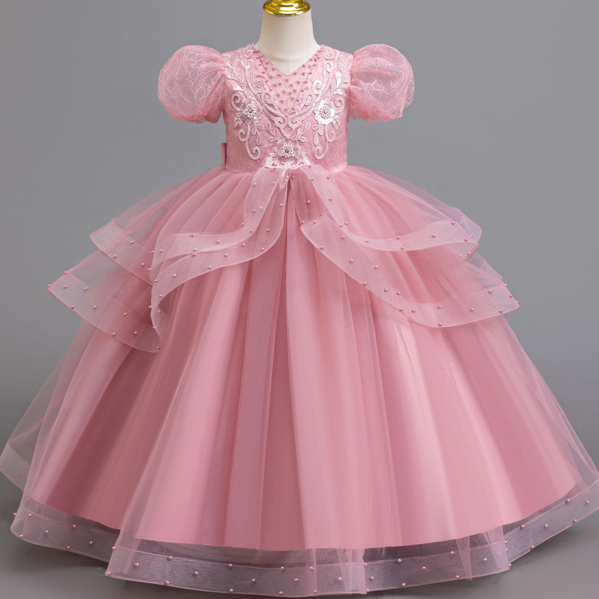 Children's Princess Flower Girl Wedding Dress, Puff Sleeve Birthday Party Performance Dress